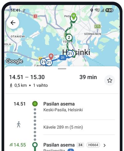 Route guidance view with transfers and arrival times