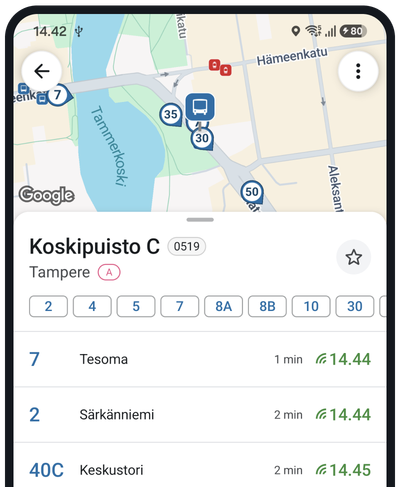 Stop view with real-time departure times