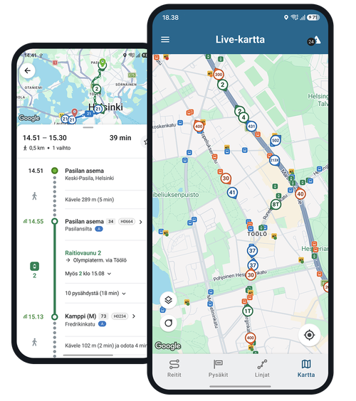 The Nysse app on two phones: live map and stop view